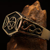 Men's Solid Brass Ring antiqued Crescent Moon Pentagram Star - BikeRing4u