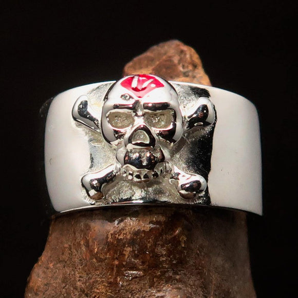 Excellent crafted Outlaw red 1% Jolly Roger Skull Band Ring - Sterling Silver - BikeRing4u