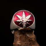 Men's Ring Cannabis Leaf Marihuana red Medical Weed Symbol - Sterling Silver - BikeRing4u