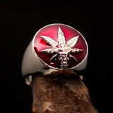 Men's Ring Cannabis Leaf Marihuana red Medical Weed Symbol - Sterling Silver - BikeRing4u
