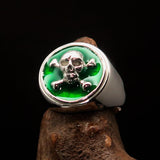 Nicely crafted Men's Pirate Ring green Jolly Roger crossed Bones Skull - Sterling Silver - BikeRing4u