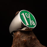 Nicely crafted Men's Outlaw Ring oval green 1% Percent Symbol - Sterling Silver - BikeRing4u