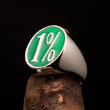 Nicely crafted Men's Outlaw Ring oval green 1% Percent Symbol - Sterling Silver - BikeRing4u