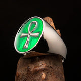 Green oval shaped Egyptian Ankh Cross Men's Ring - Sterling Silver - BikeRing4u