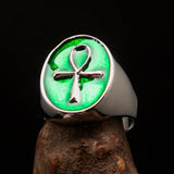 Green oval shaped Egyptian Ankh Cross Men's Ring - Sterling Silver - BikeRing4u