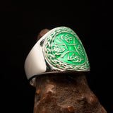 Excellent crafted ancient green Celtic Birgit's Cross Men's Ring - Sterling Silver - BikeRing4u