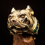 Excellent crafted Men's Pitbull Ring with green CZ Collar - solid Brass - BikeRing4u