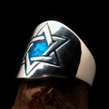 Excellent crafted Men's blue Star of David Hexagram Ring - Sterling Silver - BikeRing4u