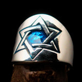 Excellent crafted Men's blue Star of David Hexagram Ring - Sterling Silver - BikeRing4u
