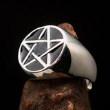 Excellent crafted Men's Pinky Ring Black Pentagram - Sterling Silver - BikeRing4u