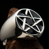 Excellent crafted Men's Pinky Ring Black Pentagram - Sterling Silver - BikeRing4u
