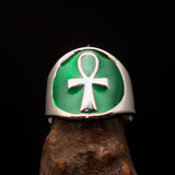 Excellent crafted Men's big green Egyptian Ankh Cross Ring - Sterling Silver - BikeRing4u