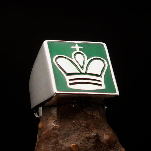 Perfectly crafted Men's Chess Player Ring King's Crown green - Sterling Silver - BikeRing4u