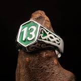 Excellent crafted Men's Biker Ring green lucky Number 13 - Sterling Silver - BikeRing4u