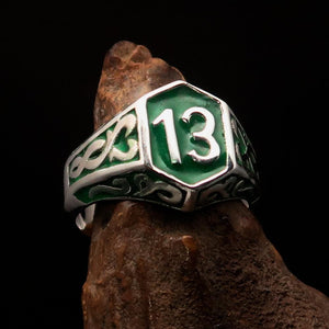 Excellent crafted Men's Biker Ring green lucky Number 13 - Sterling Silver - BikeRing4u