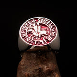 Excellent crafted Men's red Templar Knight Seal Ring - Sterling Silver - BikeRing4u