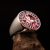 Excellent crafted Men's red Templar Knight Seal Ring - Sterling Silver - BikeRing4u