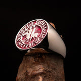 Excellent crafted Men's red Templar Knight Seal Ring - Sterling Silver - BikeRing4u