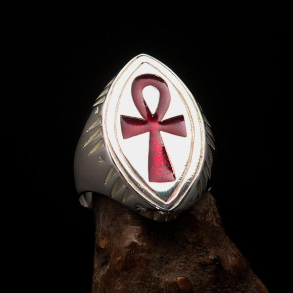 Red marquise shaped Egyptian Ankh Cross Men's Ring - Sterling Silver - BikeRing4u