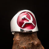 Excellent crafted Men's Hammer and Sickle Crest Ring red - Sterling Silver - BikeRing4u