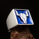 Perfectly crafted Men's Cowboy Ring blue Bull Skull - Sterling Silver - BikeRing4u