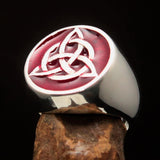 Nicely crafted Men's Triquetra Ring Celtic Triskelion Knot Red - Sterling Silver - BikeRing4u
