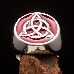 Nicely crafted Men's Triquetra Ring Celtic Triskelion Knot Red - Sterling Silver - BikeRing4u