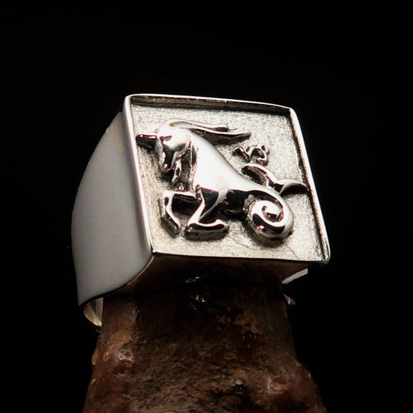 Excellent crafted Men's Zodiac Ring Star Sign Capricorn - two tone Sterling Silver - BikeRing4u