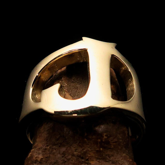 Mirror polished Men's Brass Initial Ring one bold Letter J - BikeRing4u