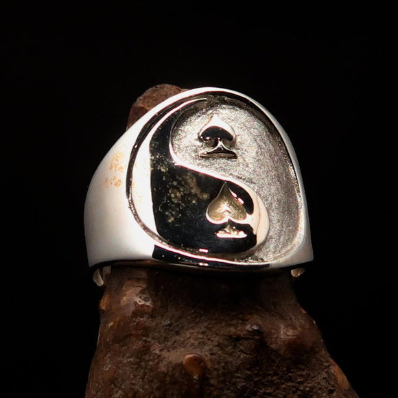 Excellent crafted Men's Spades Yin Yang Poker Ring - two tone Sterling Silver - BikeRing4u