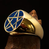 Excellent crafted Men's Pinky Ring Blue Pentagram - Solid Brass - BikeRing4u