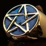 Excellent crafted Men's Pinky Ring Blue Pentagram - Solid Brass - BikeRing4u
