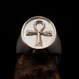 Oval shaped Egyptian Ankh Cross Men's Ring - two tone Sterling Silver - BikeRing4u