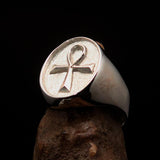 Oval shaped Egyptian Ankh Cross Men's Ring - two tone Sterling Silver - BikeRing4u