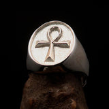 Oval shaped Egyptian Ankh Cross Men's Ring - two tone Sterling Silver - BikeRing4u