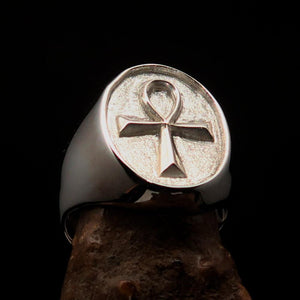 Oval shaped Egyptian Ankh Cross Men's Ring - two tone Sterling Silver - BikeRing4u