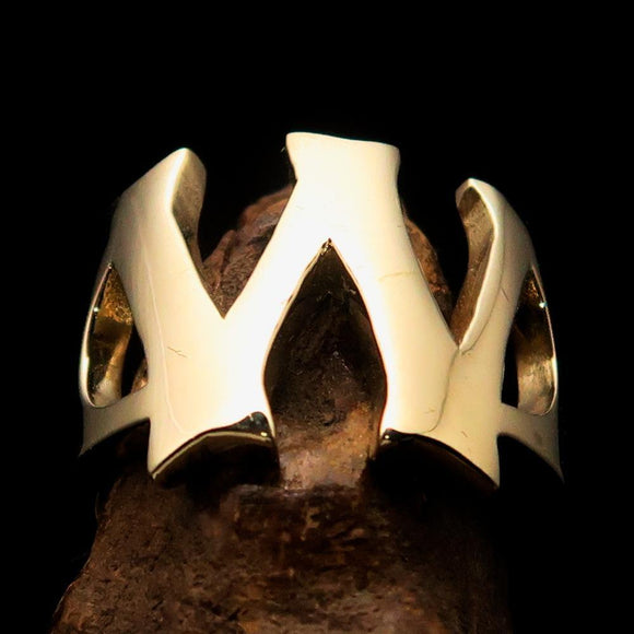 Mirror polished Men's Brass Initial Ring one bold Letter W - BikeRing4u