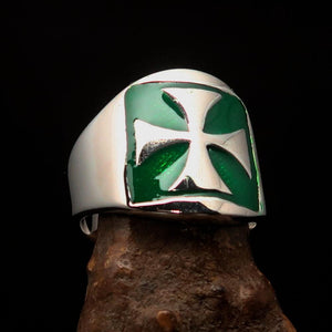 Excellent crafted Men's green Iron Cross Biker Ring - Sterling Silver - BikeRing4u