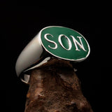 Perfectly crafted oval Initial Men's Ring green SON one word - Sterling Silver - BikeRing4u