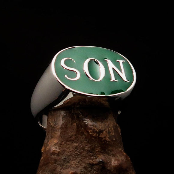 Perfectly crafted oval Initial Men's Ring green SON one word - Sterling Silver - BikeRing4u