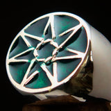 Excellent crafted Men's Heptagon Ring Green seven sided Polygon - Sterling Silver - BikeRing4u