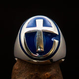Excellent crafted Men's Ring modern blue Christian Cross - Sterling Silver - BikeRing4u
