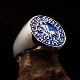 Excellent crafted Men's blue Templar Knight Seal Ring - Sterling Silver - BikeRing4u