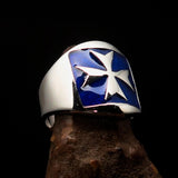 Excellent crafted Men's blue Maltese Cross Biker Ring - Sterling Silver - BikeRing4u