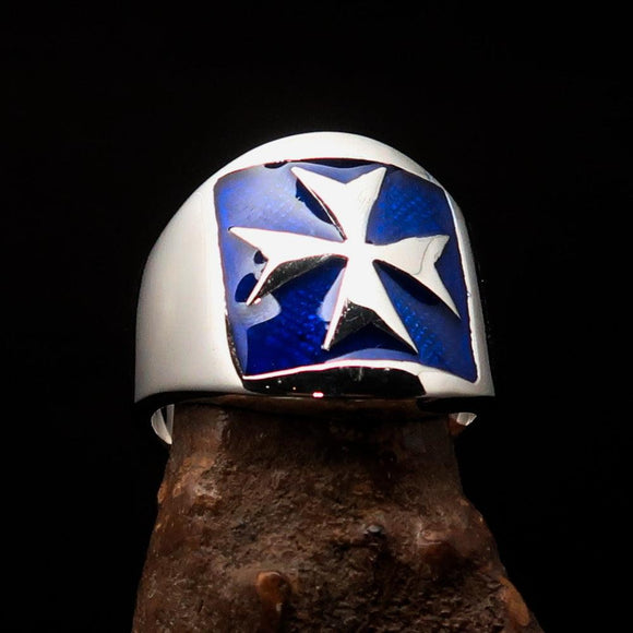 Excellent crafted Men's blue Maltese Cross Biker Ring - Sterling Silver - BikeRing4u