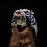 Excellent crafted Men's Predator Ring Tiger red CZ Eyes and blue Stripes - Sterling Silver - BikeRing4u
