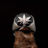 Men's Ring Cannabis Leaf Marihuana black Medical Weed Symbol - Sterling Silver - BikeRing4u