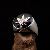 Men's Ring Cannabis Leaf Marihuana black Medical Weed Symbol - Sterling Silver - BikeRing4u