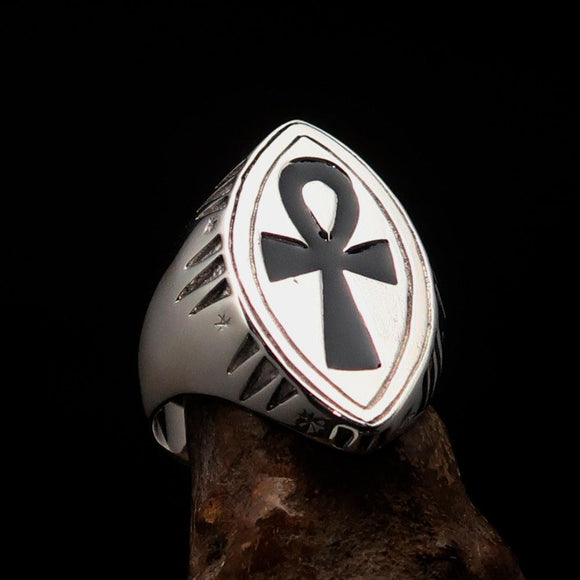 Black marquise shaped Egyptian Ankh Cross Men's Ring - Sterling Silver - BikeRing4u