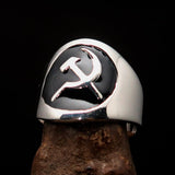 Excellent crafted Men's Hammer and Sickle Crest Ring Black - Sterling Silver - BikeRing4u